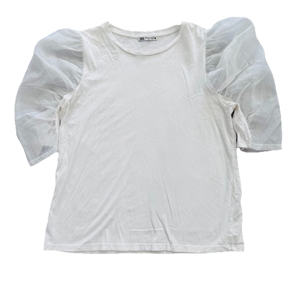 Zara White Puff Sheer Sleeve Blouse Womens XL Classic Capsule